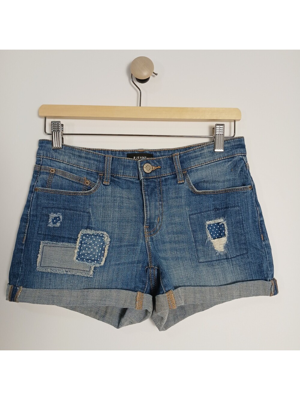 Rjeans Women's Cheeky Shorts Size 26 Denim Cute Patches Fixed Rolled Cuffs